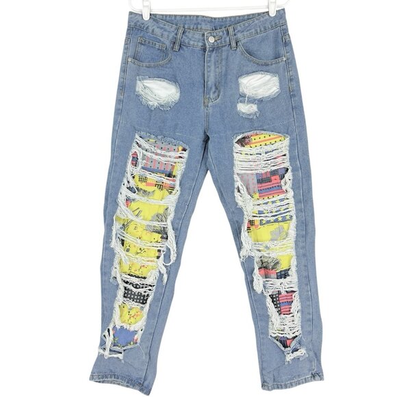 Manfinity Men's Distressed Blue Denim Jeans Size Small (32x29)Colorful Patch Leg - Picture 1 of 14